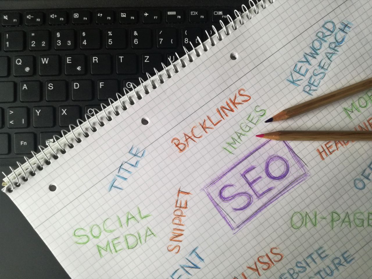 Detailný záber na notebook s pojmami SEO a kľúčovými slovami, zvýrazňujúci stratégiu digitálneho marketingu.